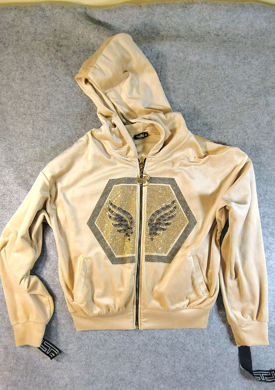 TATU Velour Zip Up Hoodie Rhinestone Angel Wings Y2K Size M